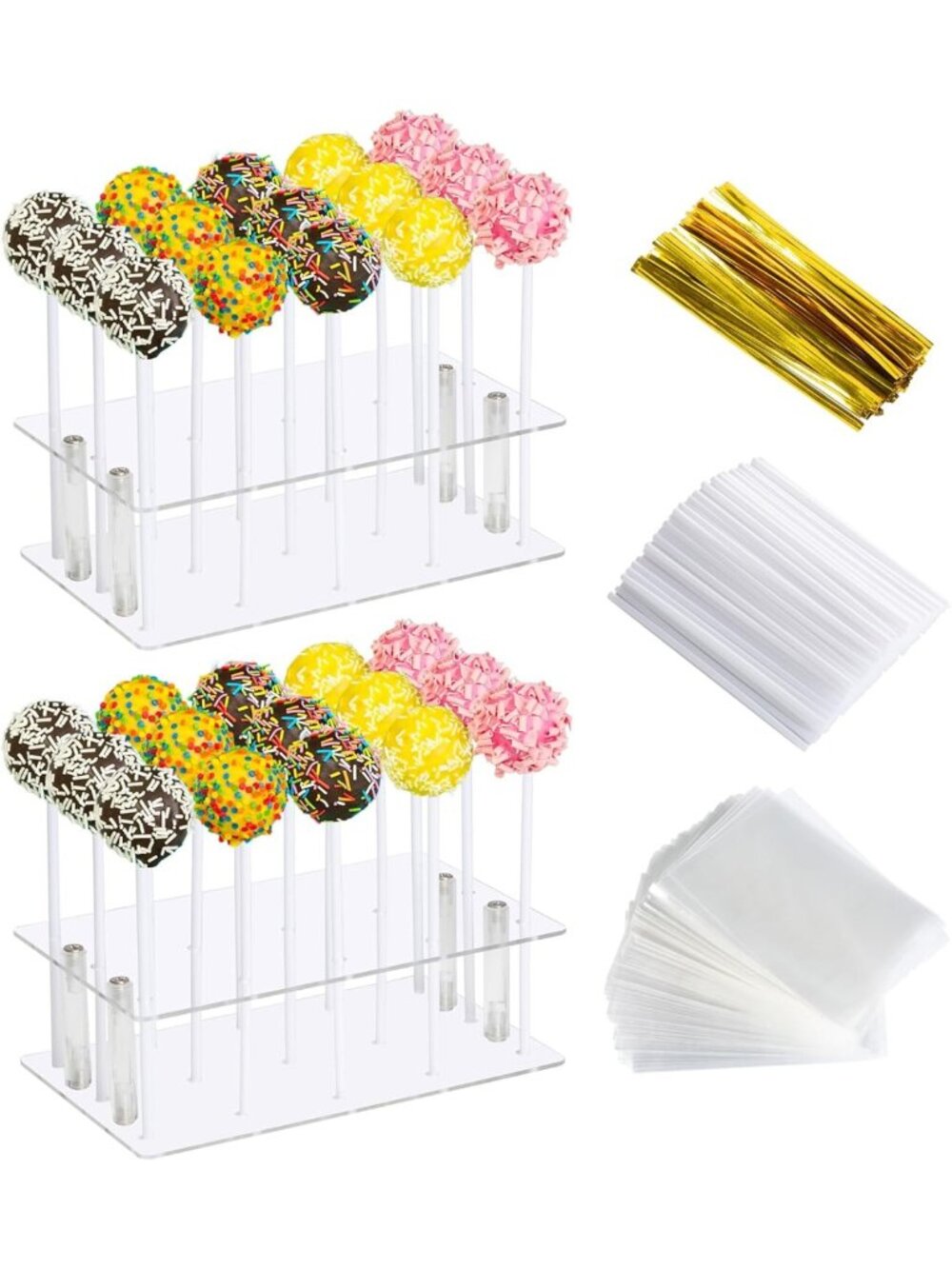 2 Pack Acrylic Cake Pop Stand with Sticks & Wrappers - 15 Holes for Parties